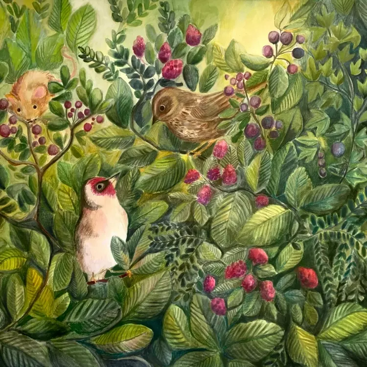 a colour illustration of a British hedgerow with a goldfinch bird, a dunnock bird and a harvest mouse. The hedgerow is drawn in full colour with paints and coloured pencils. A nature illustration 
